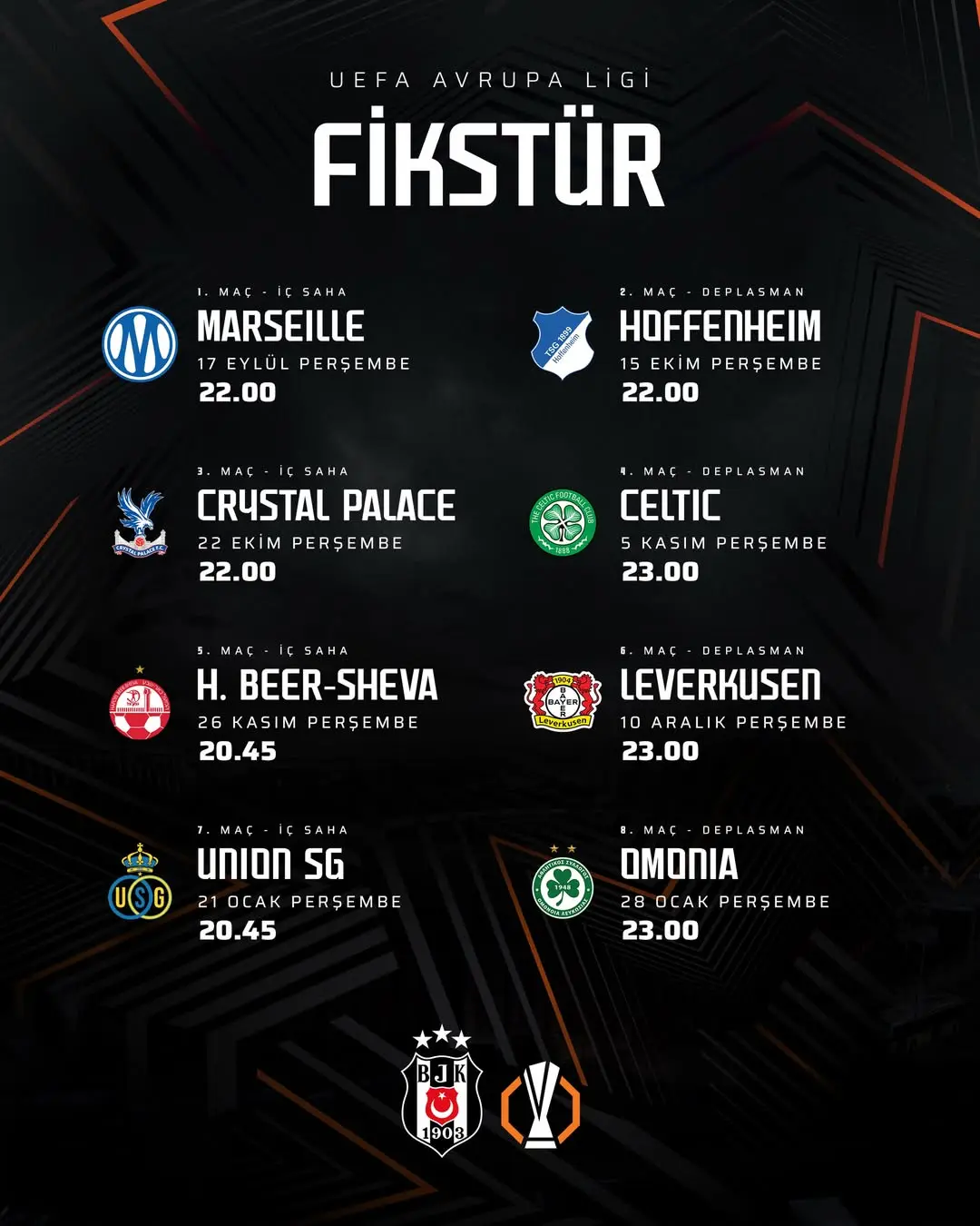 Beşiktaş'ın UEFA Avrupa Ligi Lig Aşaması Fikstürü Belli Oldu