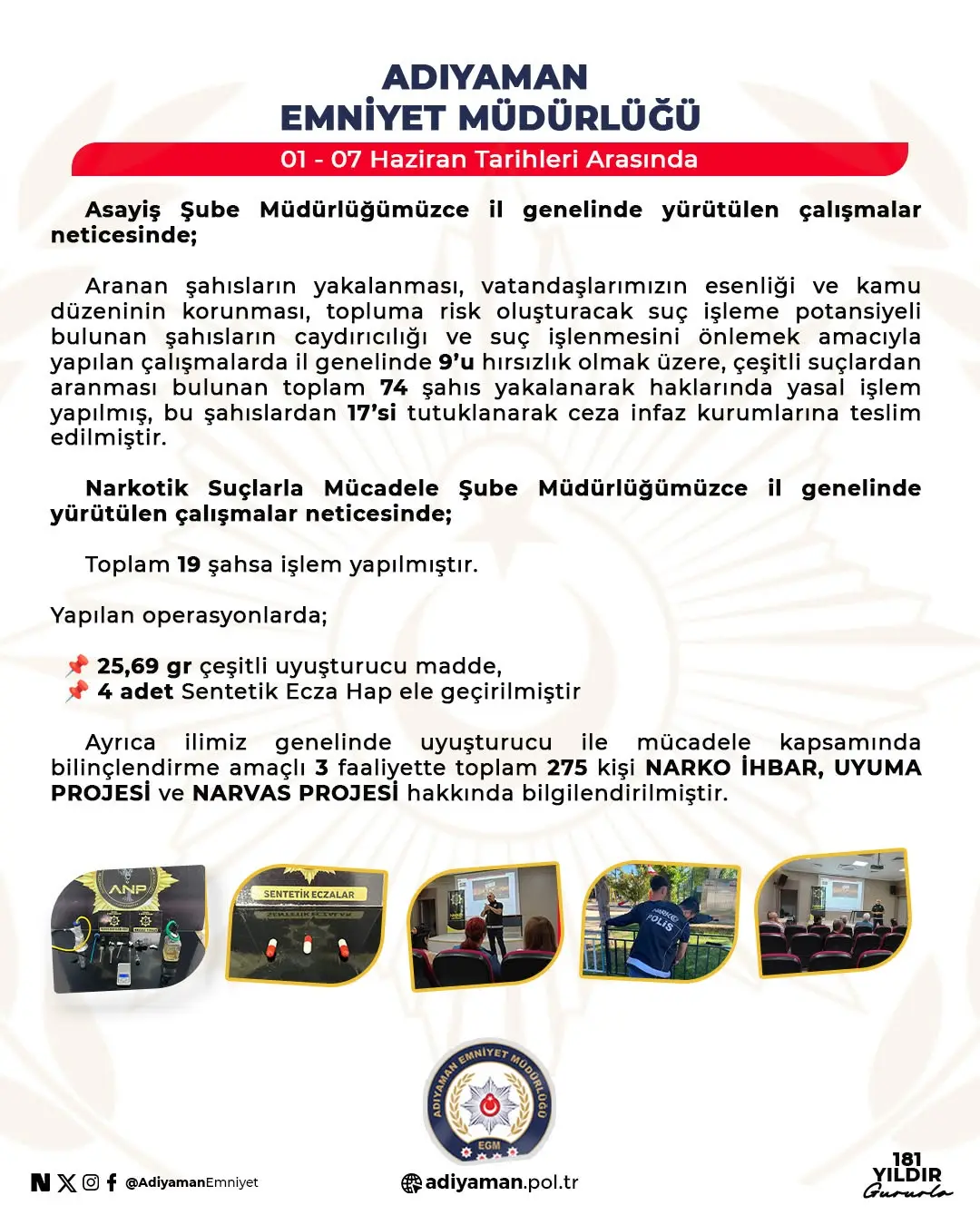 Adıyaman Emniyet Müdürlüğü'nden Suçla Mücadele Operasyonlarına Dair Açıklama