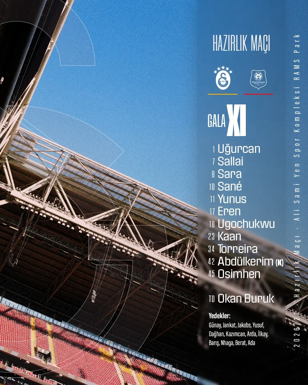 Galatasaray Stade Rennais FC Maçı İlk 11 ve Yedek Kadro Açıklandı