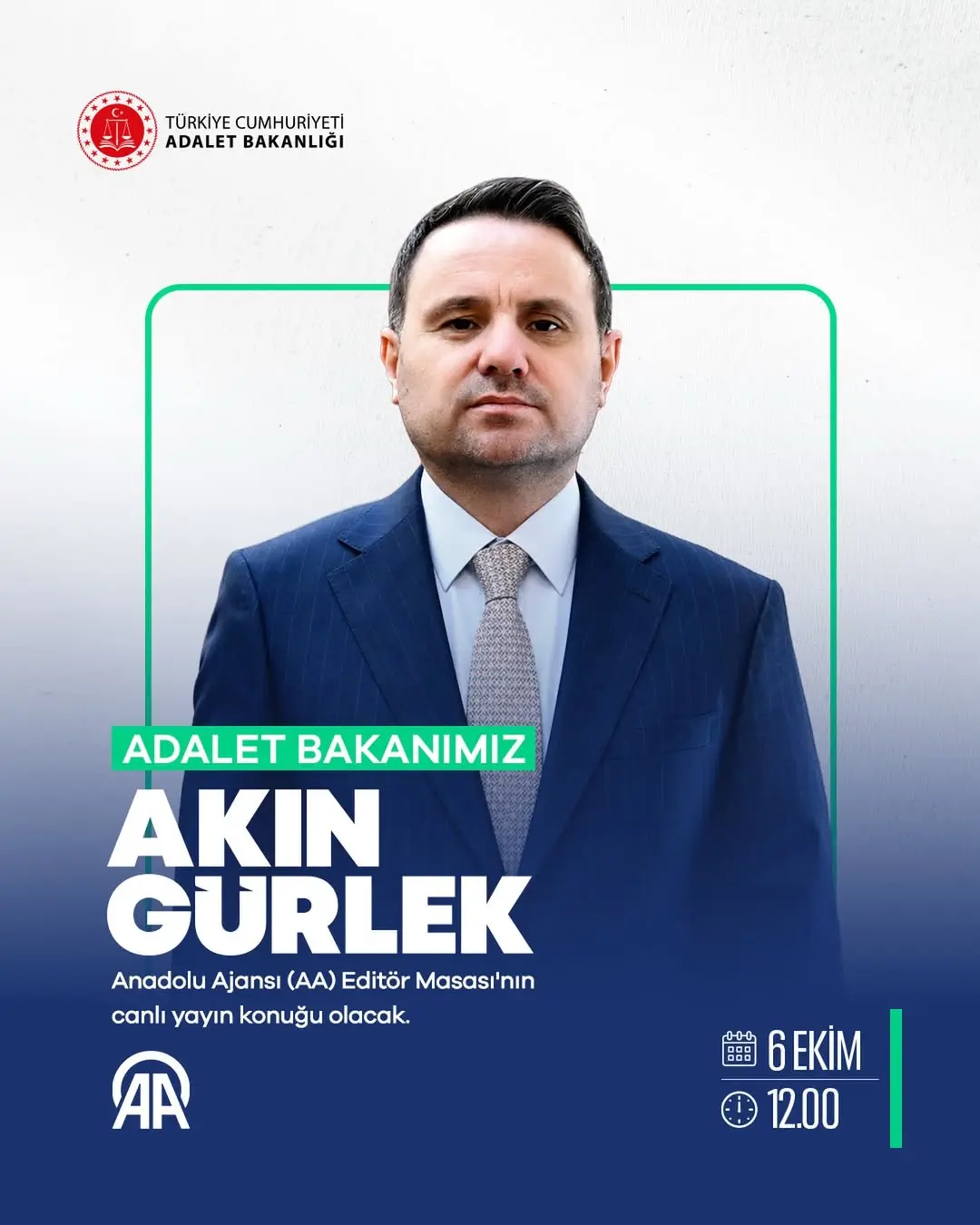 Adalet Bakanımız @abakingurlek, yarın @anadoluajansi Editör Masası’nın canlı yayın konuğu olacak. ...