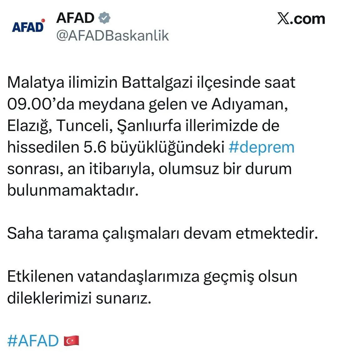 Deprem Sonrası Adıyaman ve Çevre İllerine Geçmiş Olsun Dilekleri