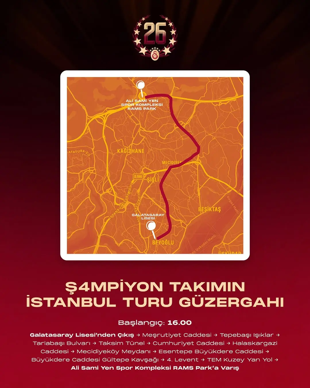 Galatasaray Şampiyon Takımın İstanbul Turu Güzergahı Belli Oldu