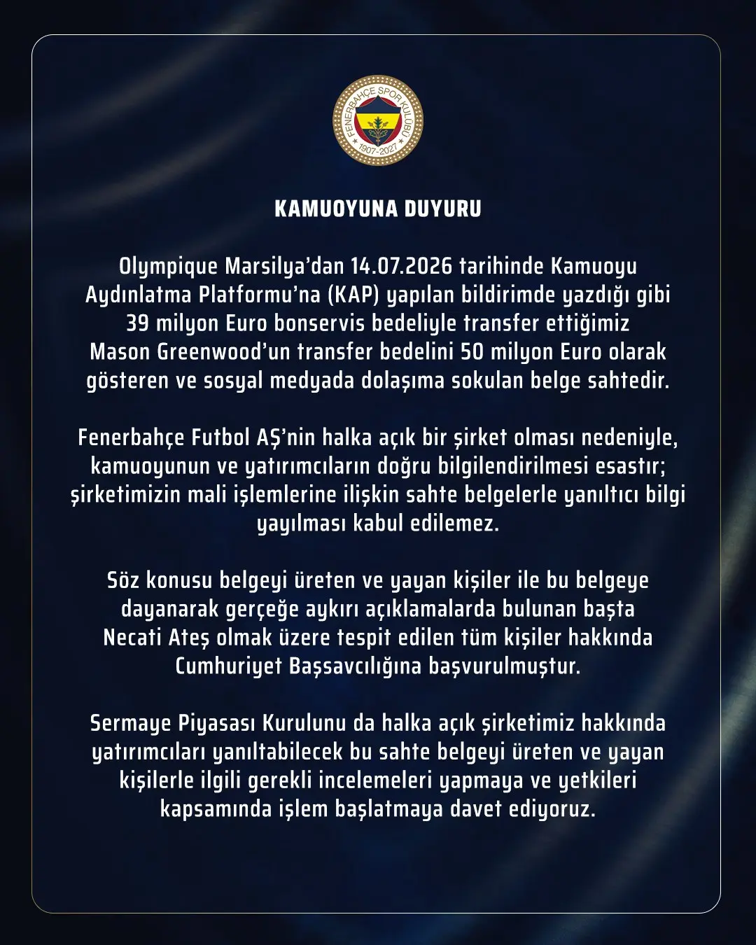 Fenerbahçe'den Sahte Belge Açıklaması: Mason Greenwood Transferi