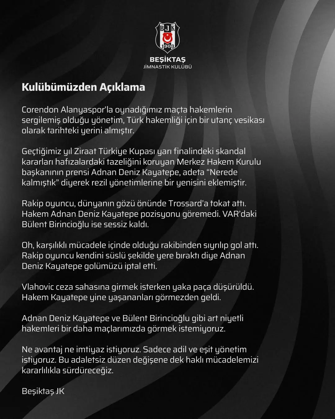 Beşiktaş JK'tan Hakem Kararlarına Sert Tepki!