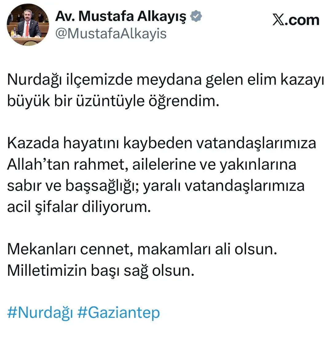 Nurdağı ilçesinde Meydana Gelen Elim Kazada Hayatını Kaybedenler İçin Başsağlığı Mesajı