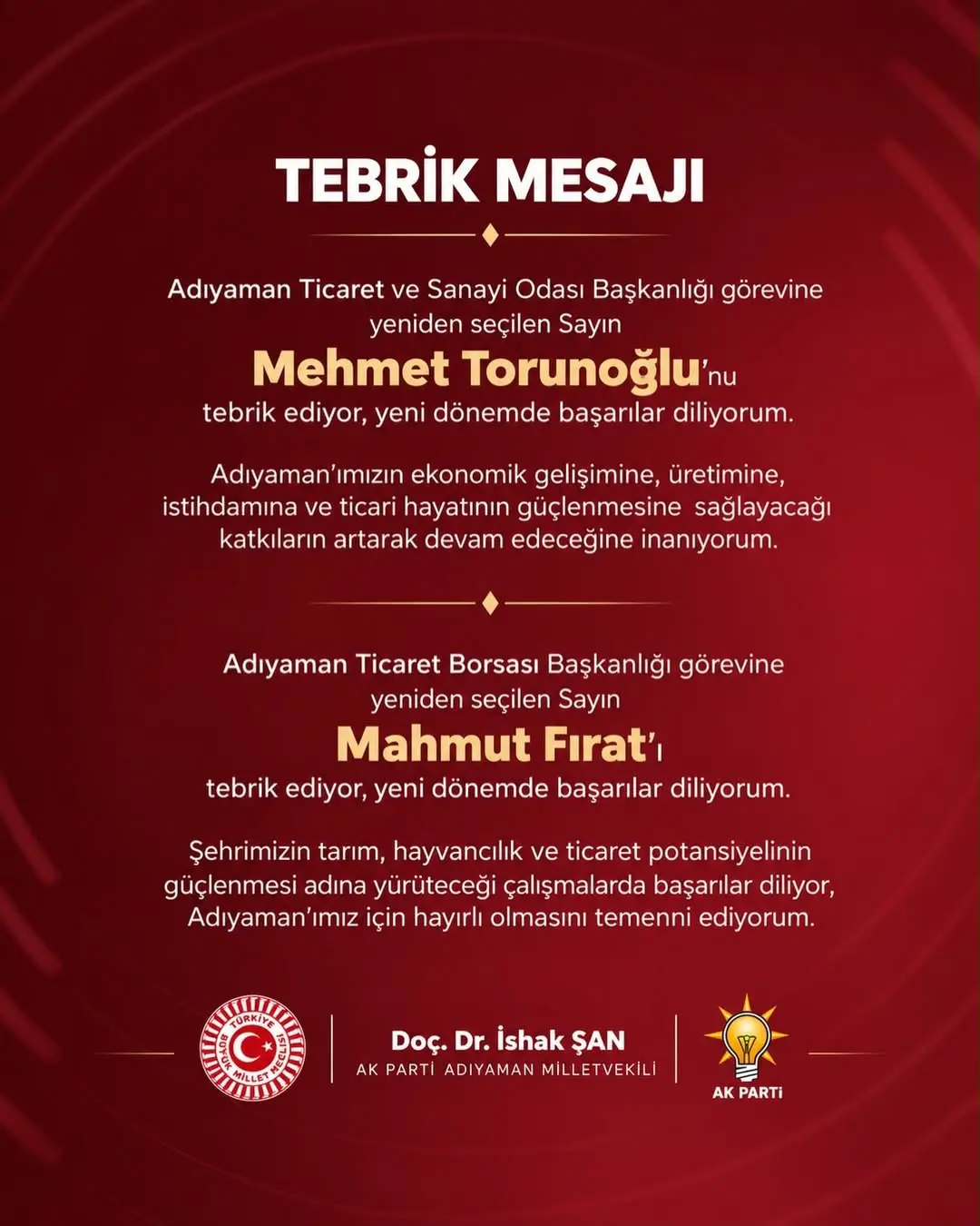 Adıyaman Ticaret ve Sanayi Odası Başkanlığı Görevine Yeniden Seçilen Mehmet Torunoğlu Tebrik Edildi