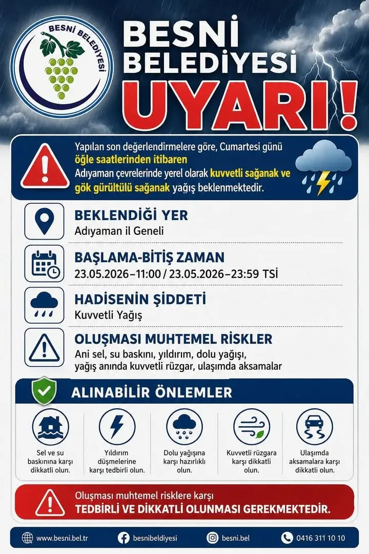 Besni Belediyesi'nden Kuvvetli Yağış Uyarısı