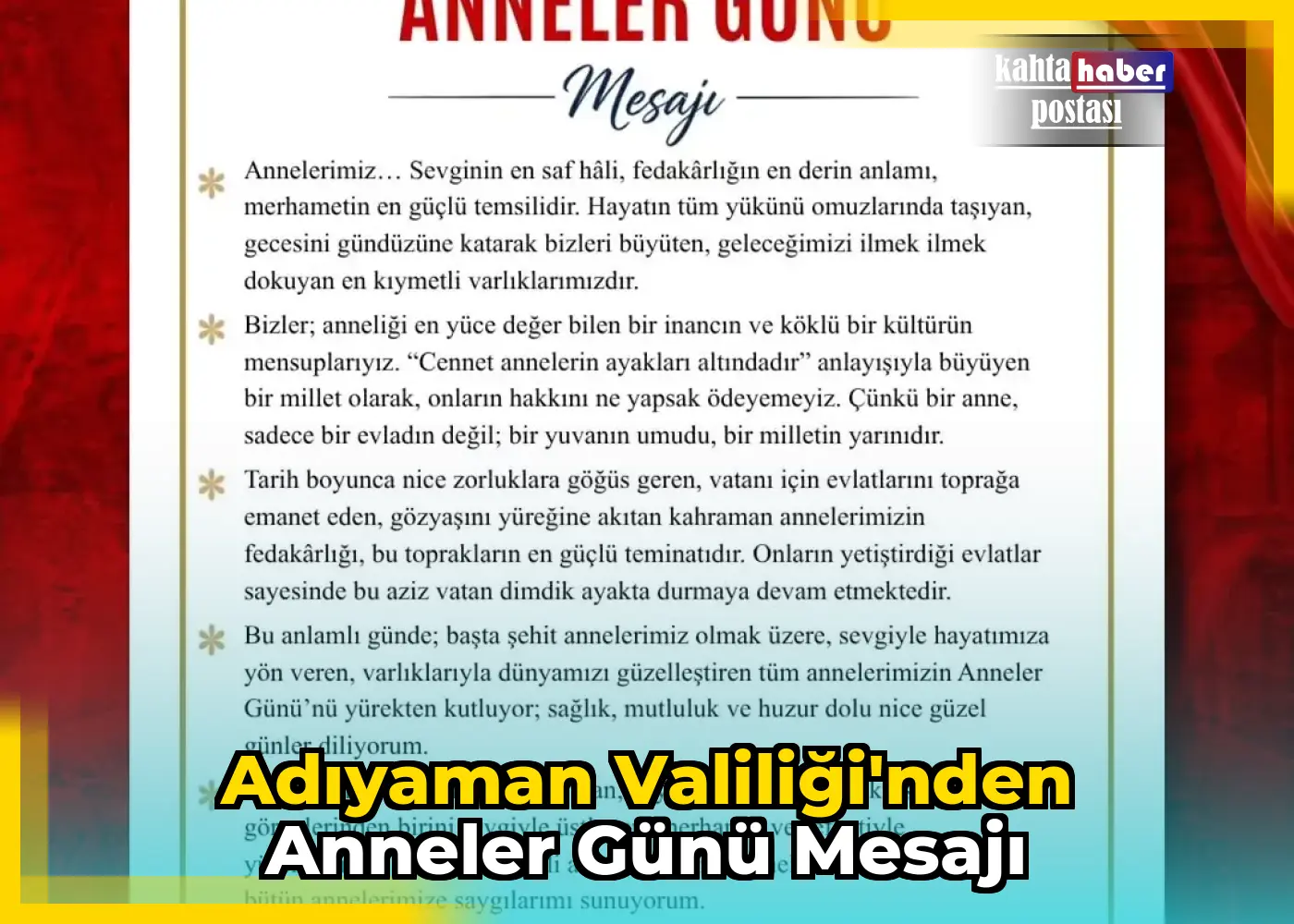 Adıyaman Valiliği'nden Anneler Günü Mesajı