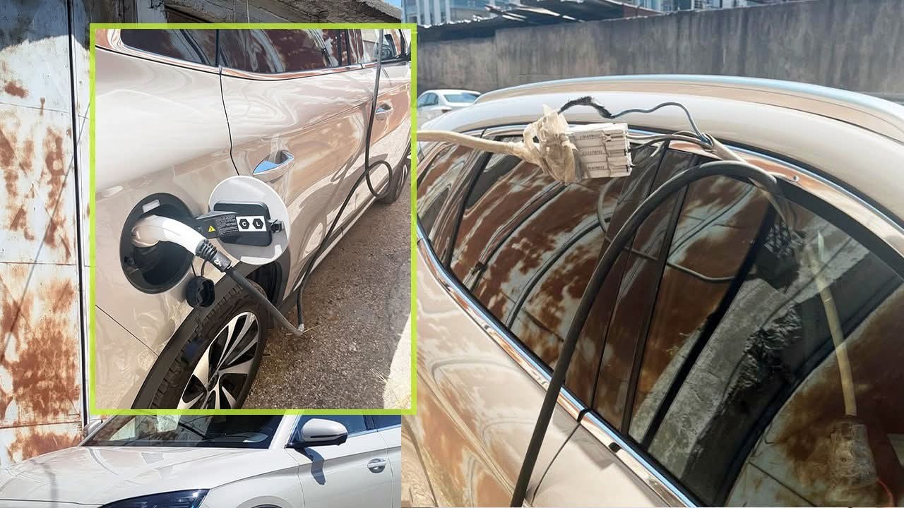 Pes Dedirten Görüntü; Şanlıurfa'da Elektrikli Araç  Kaçak Hat Çekilerek Şarj Edildi