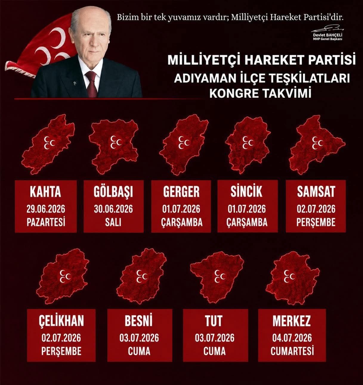 MHP Adıyaman İl ve İlçe Kongre Takvimi Açıklandı, İlk Kongre Kahta'da