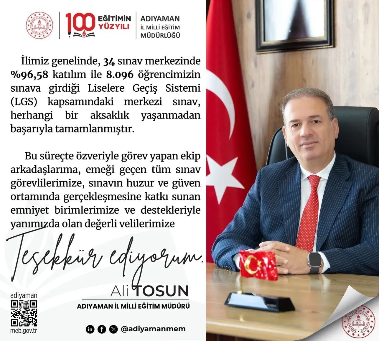 İl Milli Eğitim Müdürü Tosun; LGS Sınavı Sorunsuz Tamamlandı