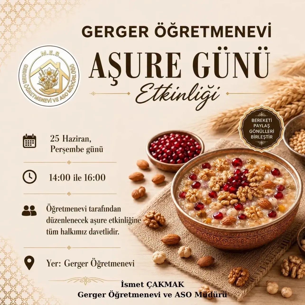 Gerger Öğretmenevinde Aşure Günü Etkinliği Düzenleniyor