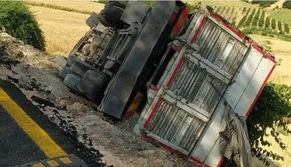 Kahta'da Kamyon Şarampole Devrildi Tonlarca Buğday Saçıldı