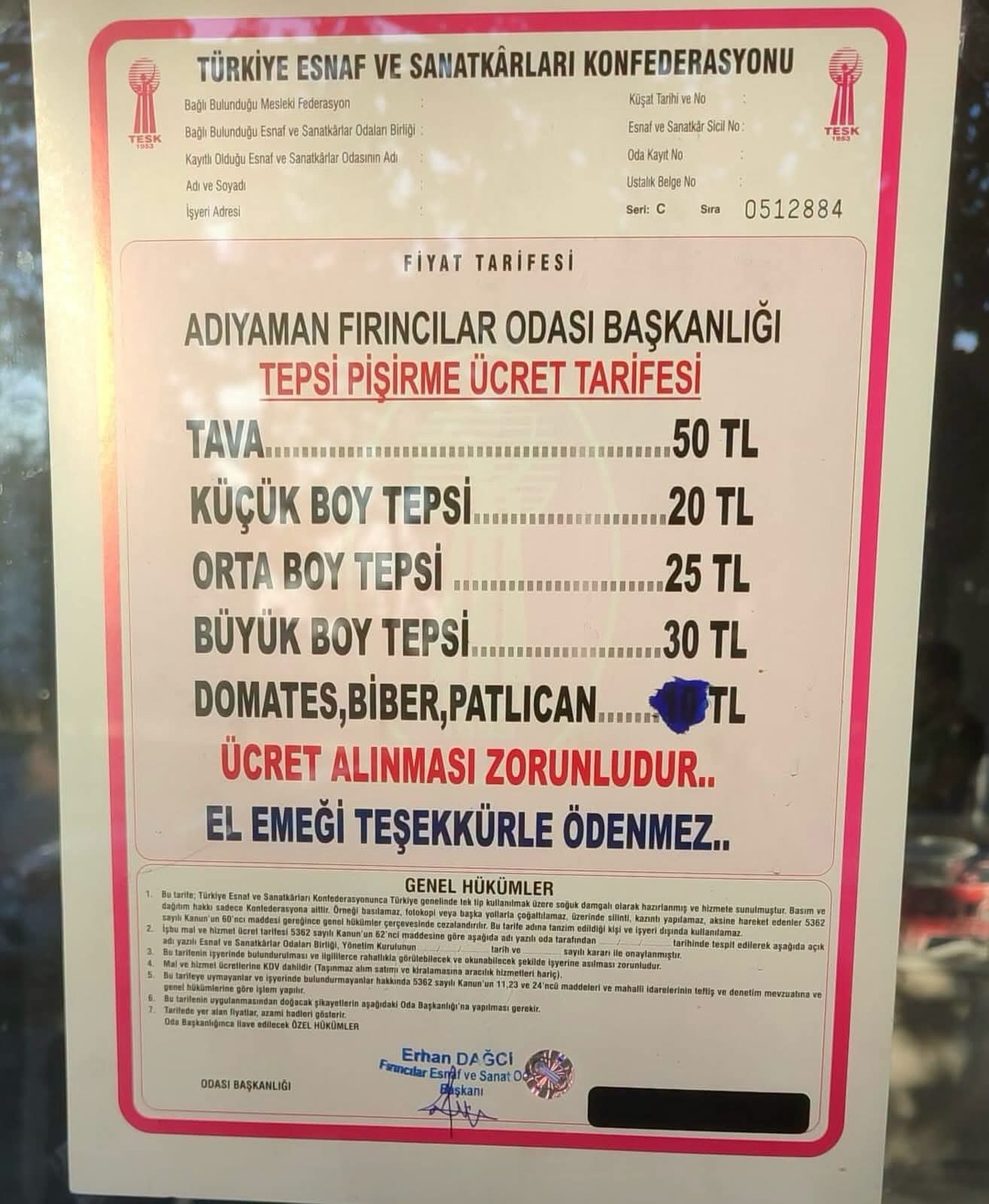 Adıyaman Fırıncılar Odası Yeni Ücret Tarifesini Duyurdu