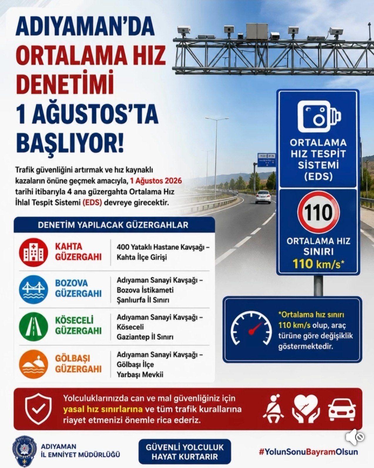 Adıyaman'da Ortalama Hız Denetimi 1 Ağustos İtibariyle Başlıyor