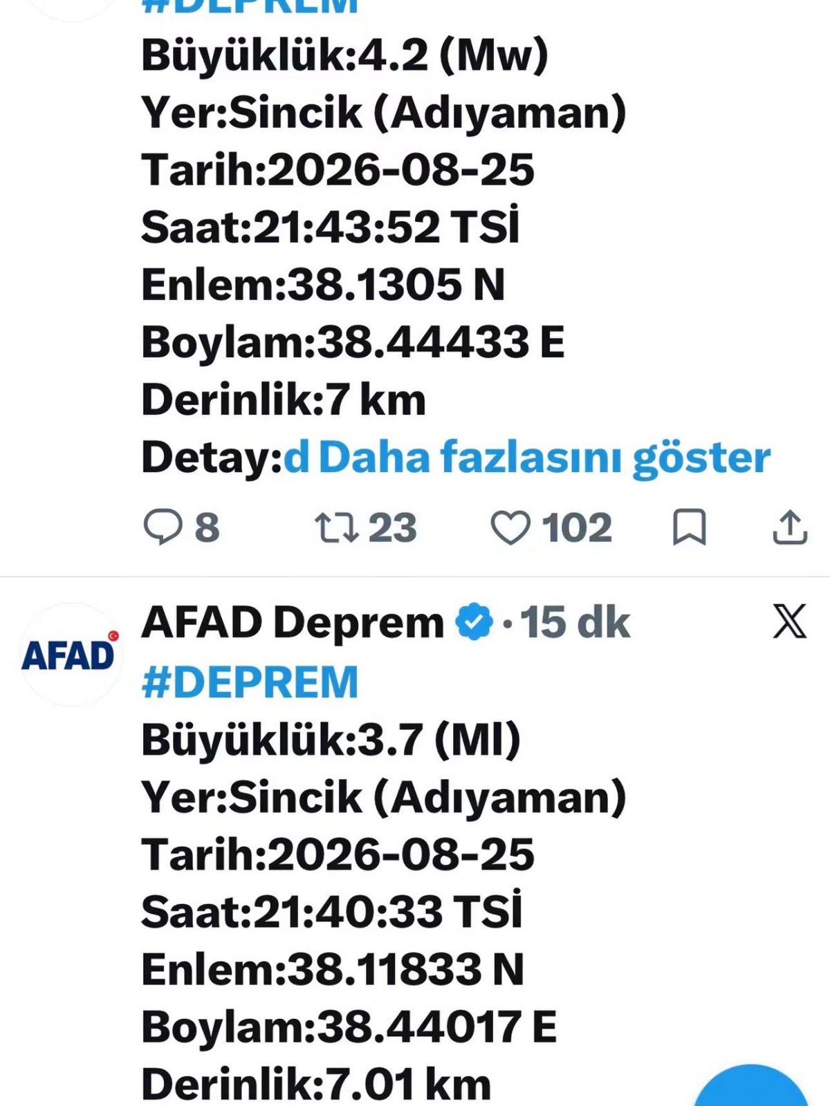 Adıyaman Sincik'te Peş Peşe Depremler Meydana Geldi