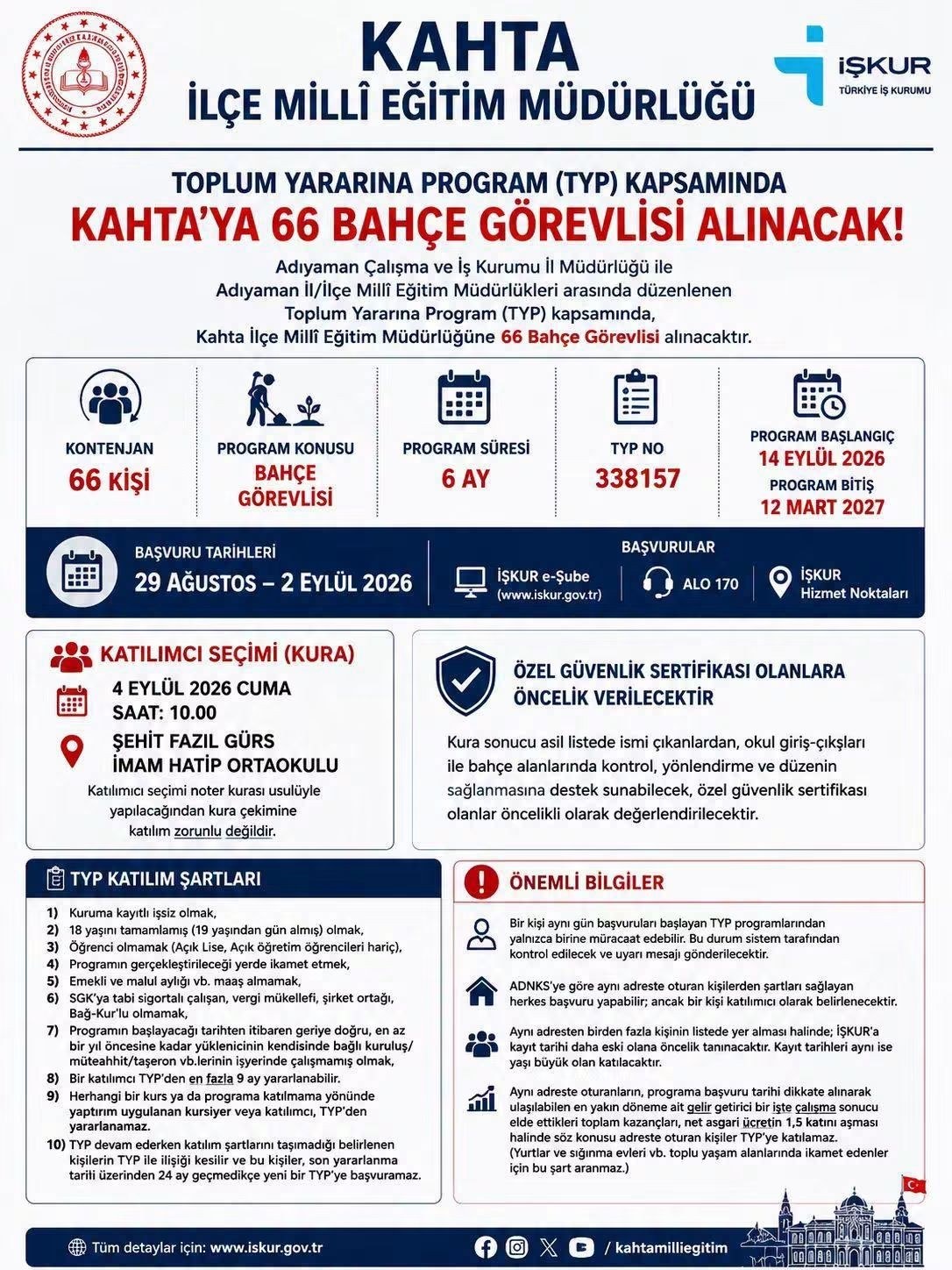 Kahta'da 66 Bahçe Görevlisi Alımı Yapılacak