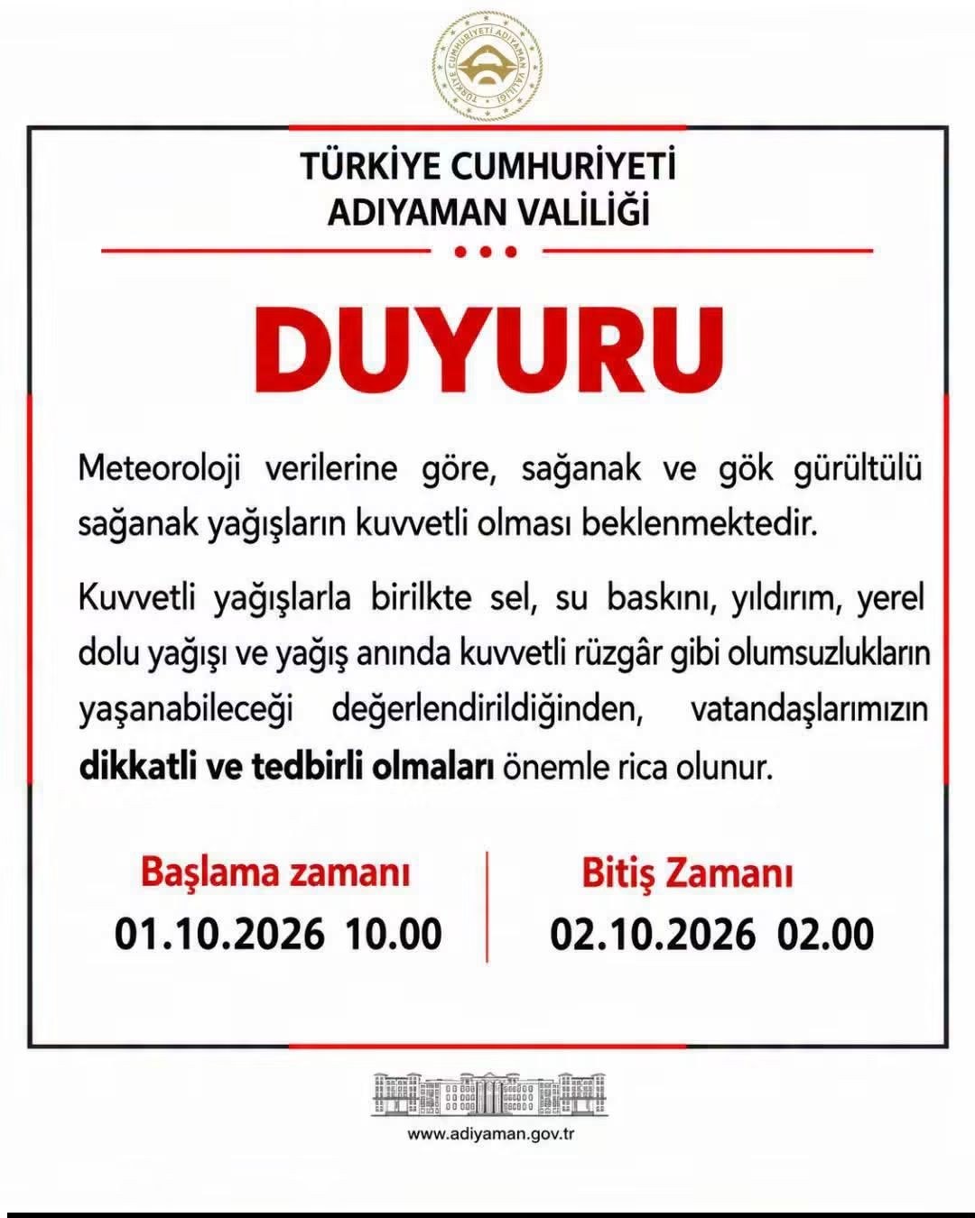 Adıyaman Valiliği'nden Şiddetli Yağış Uyarısı