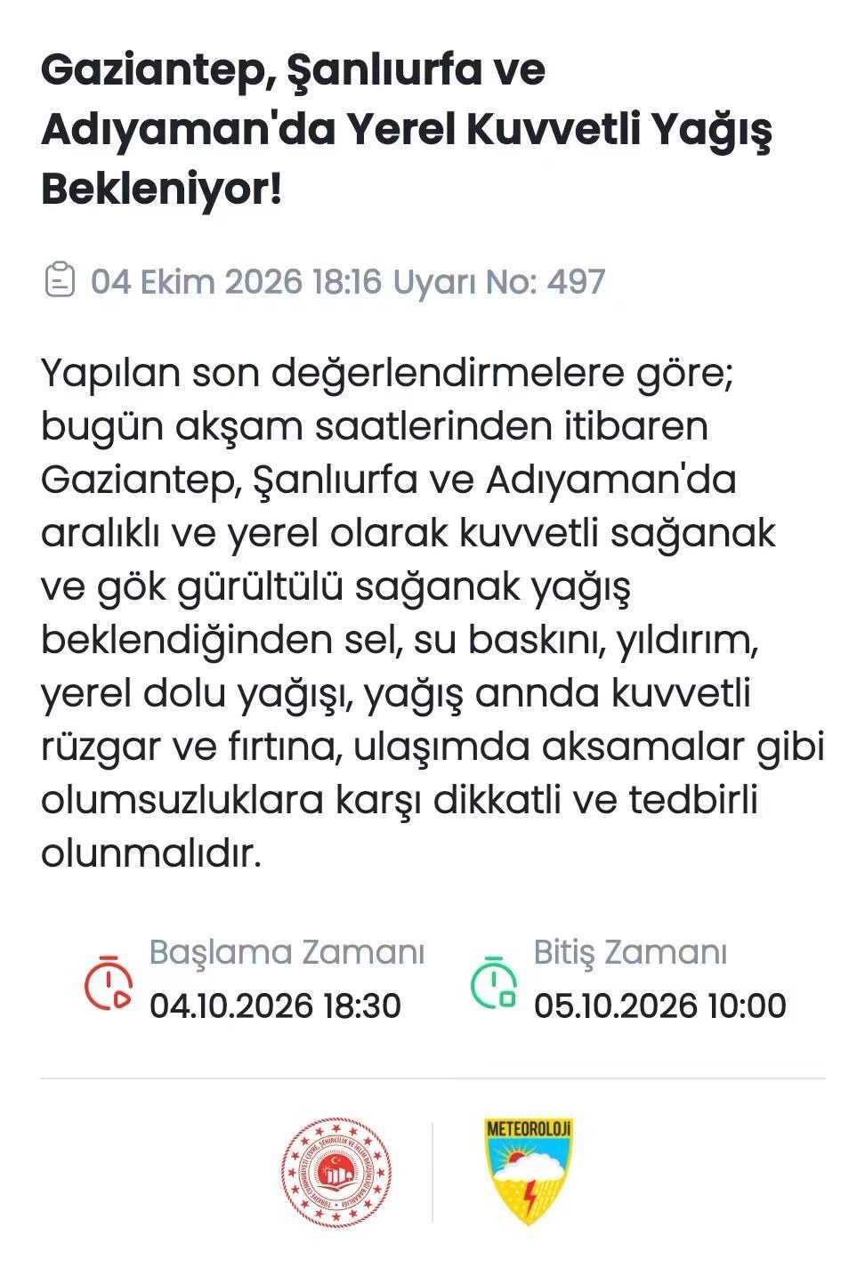 Adıyaman İçin Yerel Kuvvetli Yağış Uyarısı